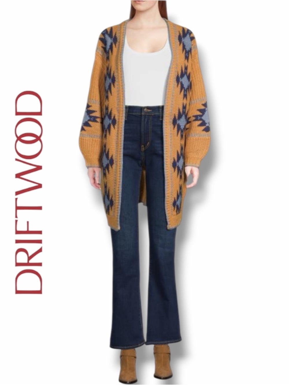 DRIFTWOOD Women's Aztec Mustard and Navy Geometric Open-Front Knit Cardigan in L